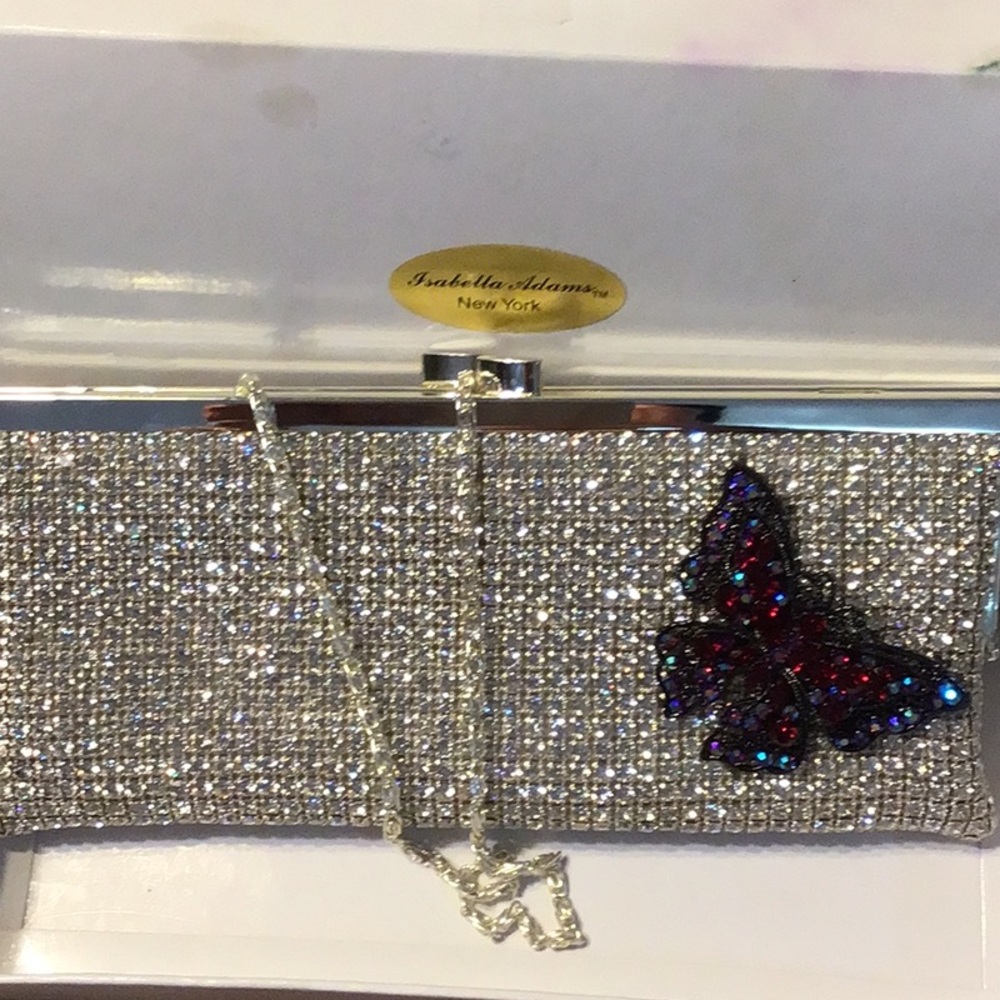 Silver crystal butterfly clutch